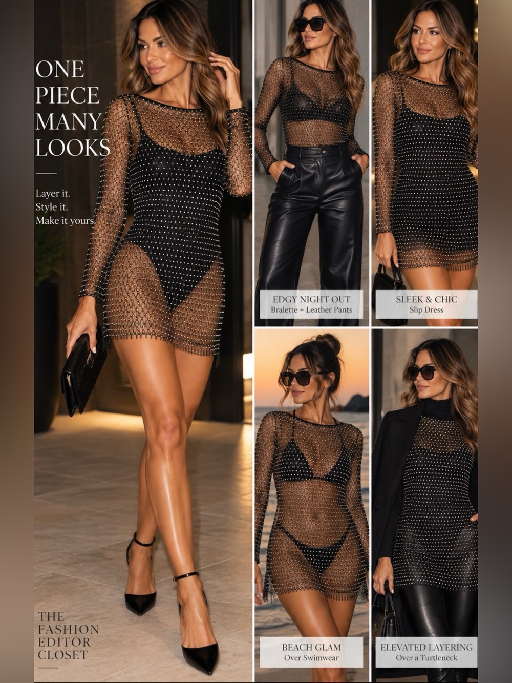 Crystal-Embellished Sheer Mini Dress - Black